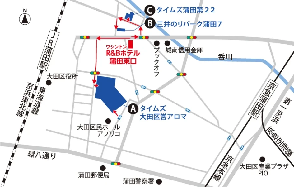 図：ワシントンR＆Bホテル蒲田東口の周辺駐車場