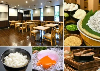 画像：朝食会場と朝食一例